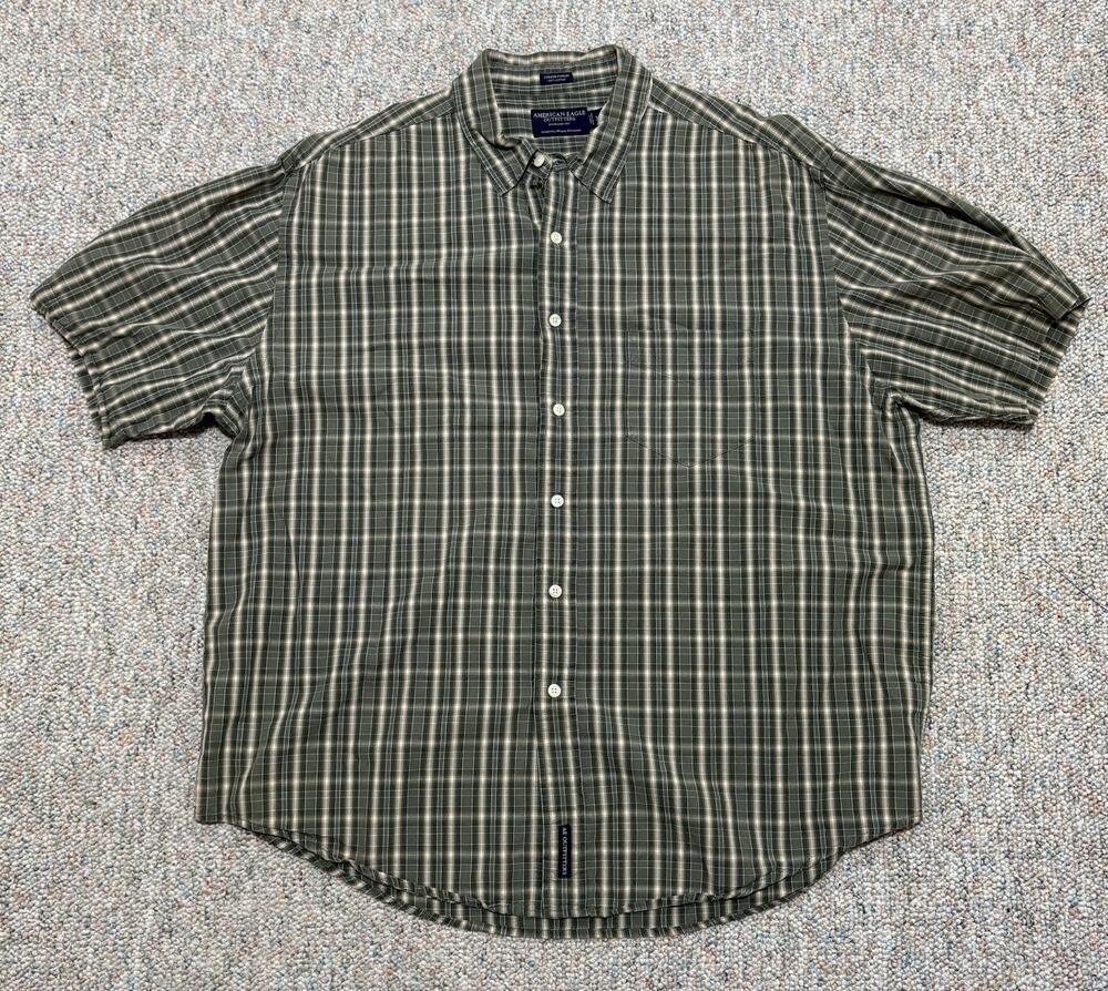 American Eagle Corded Poplin Linen Cotton Button Front Short Sleeve Men XL